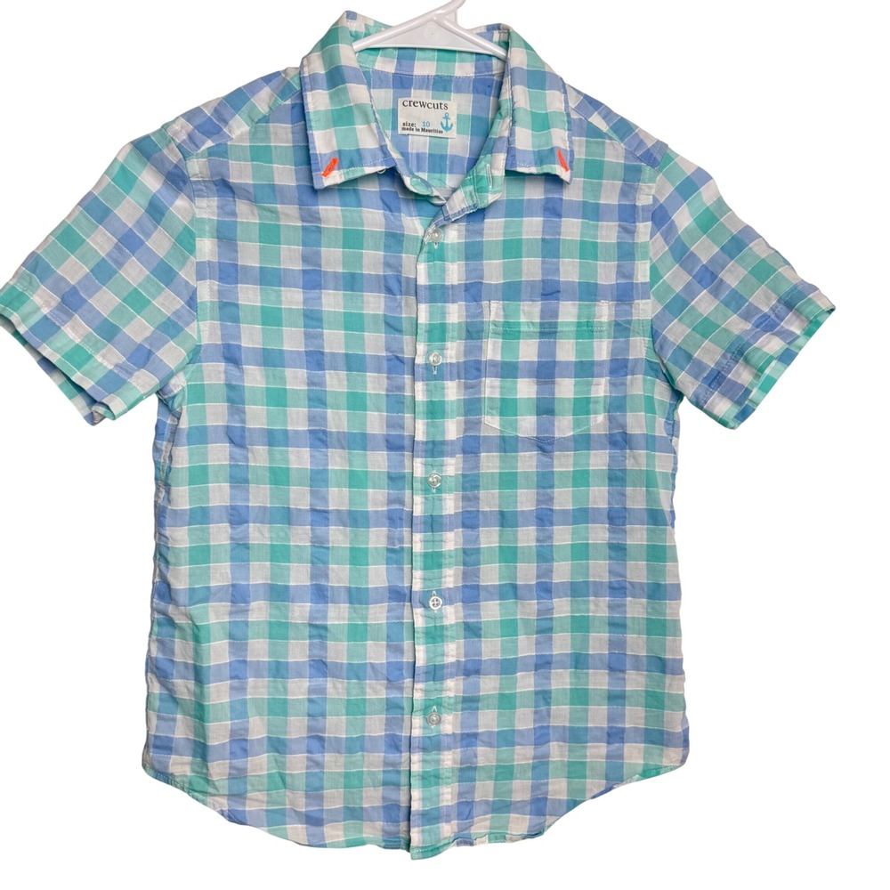 Crewcuts Boys Plaid Short Sleeve Button Up Shirt 10 Blue Green White Pastel